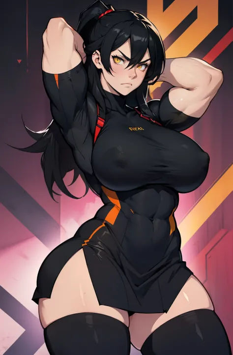 (((muscular girl huge breasts))) black hair yellow eyes pale skin frown UHD 16k best quality wide hips zettai ryouiki