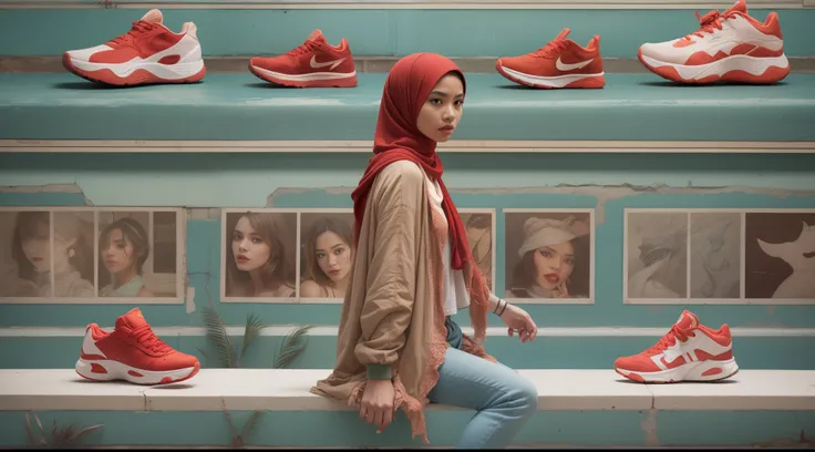 Design an advertising poster for sneakers with a fantasy twist. Feature a Malay girl in hijab wearing these sneakers in a magical, dreamlike setting. Emphasize comfort and style with a touch of enchantment,  Hijab, slender, red lips, flirting with the came...