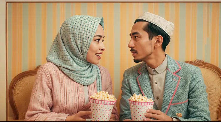 Quirky scene | Symmetrical framing | Nostalgia | Vintage cinema | 1 Malay girl in hijab and 1 malay man as a couple eating popcorn and surprised with mouth opened | Cinema front view | Pastel colors | in the style of Grand Budapest Hotel directed by Wes An...