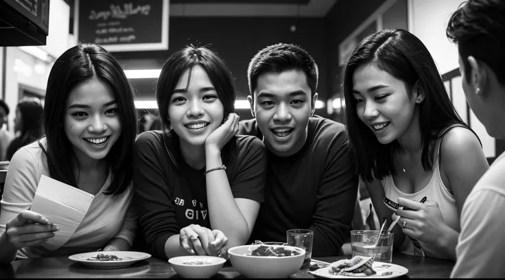 Create a captivating and photorealistic cinematic scene in which three close Malay friends are gathered in a bustling mamak restaurant. They are engrossed in watching a football match on the television, sharing laughter and joy as they cheer for their favo...