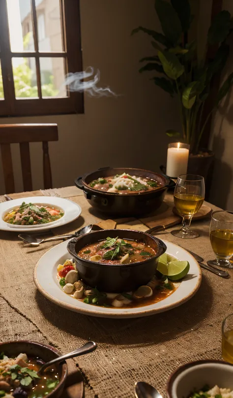 An elegantly set table with feijoada, a typical Brazilian dish, aromatic smoke rising, rich details in the textures of the ingredients, HDR, 8K, high quality, Realistic photography, DSLR camera with 50mm macro lens,