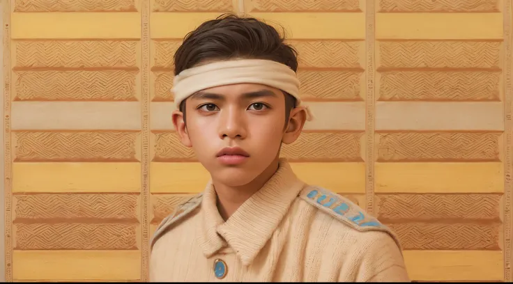 Vogue style photo shoot of malay teenage boy as character RAMBO from the movie The Royal Tenenbaums pastel colored background in Wes Anderson style, hyper - realistic photography, Wes Anderson style, full body, 8k, close - up shot, close - up photo