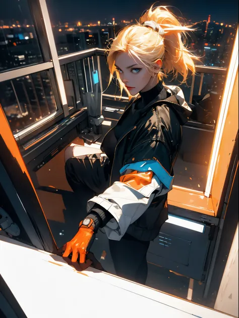 realistic, best quality, 8k uhd, dslr, soft lighting, high quality, film grain, Fujifilm XT3,
(close up, from directly above), Edgy girl, dark orange jacket, white sneaker, platinum blonde hair color, ponytail, dramatic makeup, piecing, (nighttime, dark ci...