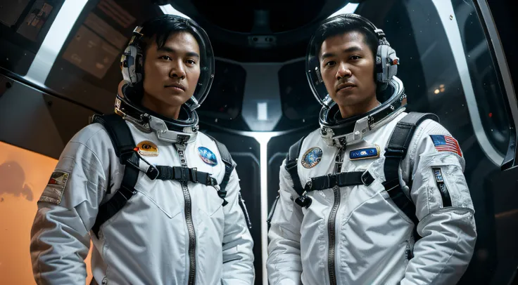 Next to the Mars aircraft, several future Asian middle-aged male astronauts on Mars, without logos on their clothes, wearing the same style of space suits and space helmets with transparent glass covers, close-up of their whole bodies