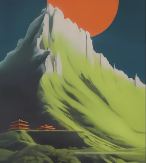 The background is a mountain，There is a red sun on the top of the mountain，The lines are very obvious，The mountain is very impressive，Japanese-style poster,，granulated，matte painting