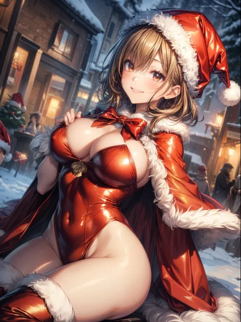 top-quality、Full limbs、complete fingers、Slender beauty、straight haired、Brown hair、short-hair、Beautiful Large Breasts、(Detailed ultra-oily shiny skin:1.1)、oily shiny thighhigh、Santa Claus Costume、red santa claus leotard、White High Socks、Santa Claus hat、wear...