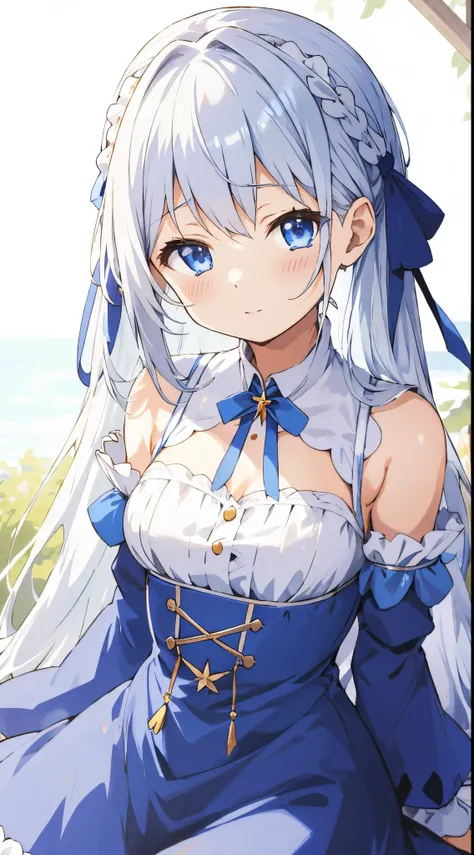 Anime girl with long white hair and blue dress sitting on a bench, loli in dress, small curvy loli, Cute anime waifu in a nice dress, perfect gray hair girl, Lori, anime girls in maid costumes, anime moe art style, official artwork, white haired god, azur ...