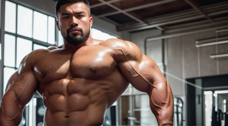 (Very detailed 8k wallpaper), Strong Asian Men, At the gym, high detailing, buzzcut, very large and strong body, bulging muscles, well-muscled, very large pectoral muscles. Very sexy abs, legs are muscular, Toned figure, lightens oily skin, muscular, Tank ...