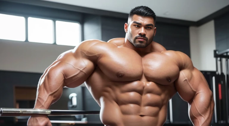 (Very detailed 8k wallpaper), Strong Asian Men, At the gym, high detailing, buzzcut, very large and strong body, bulging muscles, well-muscled, very large pectoral muscles. Very sexy abs, legs are muscular, Toned figure, lightens oily skin, muscular, Tank ...