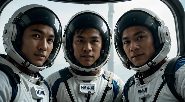 Next to the Mars aircraft, several future Asian middle-aged male astronauts on Mars, without logos on their clothes, wearing the same style of space suits and space helmets with transparent glass covers, close-up of their whole bodies