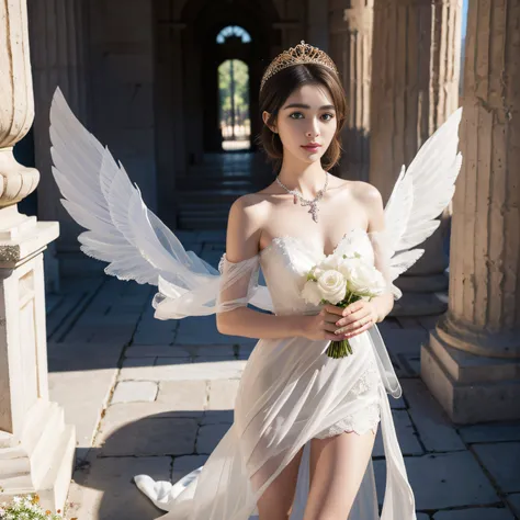 Ancient Greek ruins where only pillars remain、Walk in front of the fountain、Full body posture、8K、realphoto、超A high resolution, Master Parts, Best Quality, nffsw , cinematic images,Lovely girl、ann、18year old、Anglo-Saxon、二重まぶた、drooing eyes、Very big eyes、Dark...