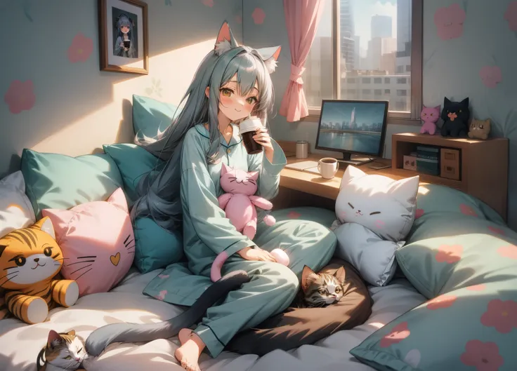 anime cat girl with long gray teal hair, wearing a pajamas, brown ayes, holding a cup of coffee, happy, a wide shot of a bedroom, cute plushie and pillow on the bed, hugging a cat, cute room, wide wallpaper. HD image, city background on the window,