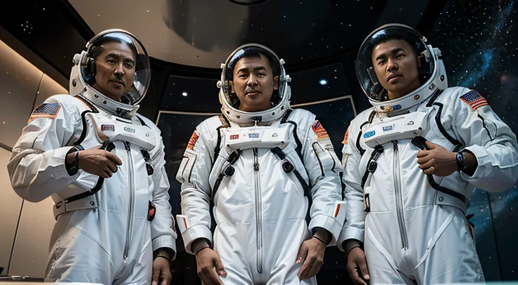 Next to the Mars aircraft, several future Asian middle-aged male astronauts on Mars, without logos on their clothes, wearing the same style of space suits and space helmets with transparent glass covers, close-up of their whole bodies