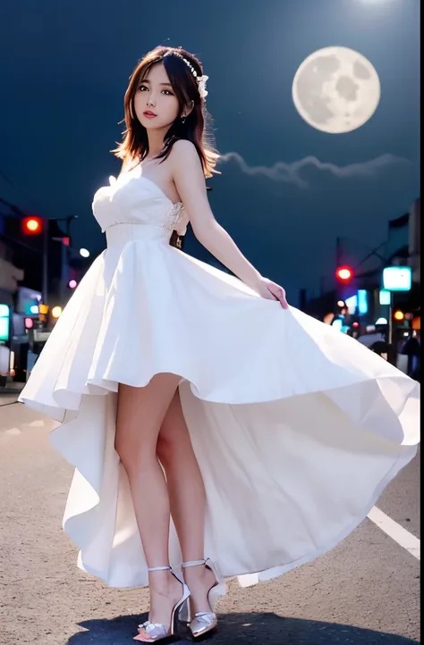 high-detail　rialistic photo　A dark-haired、bobhair、Japan pretty women、white wedding dress、１looking at the two big moons、midnight boulevard、full body seen、Dress with hair fluttering in the wind