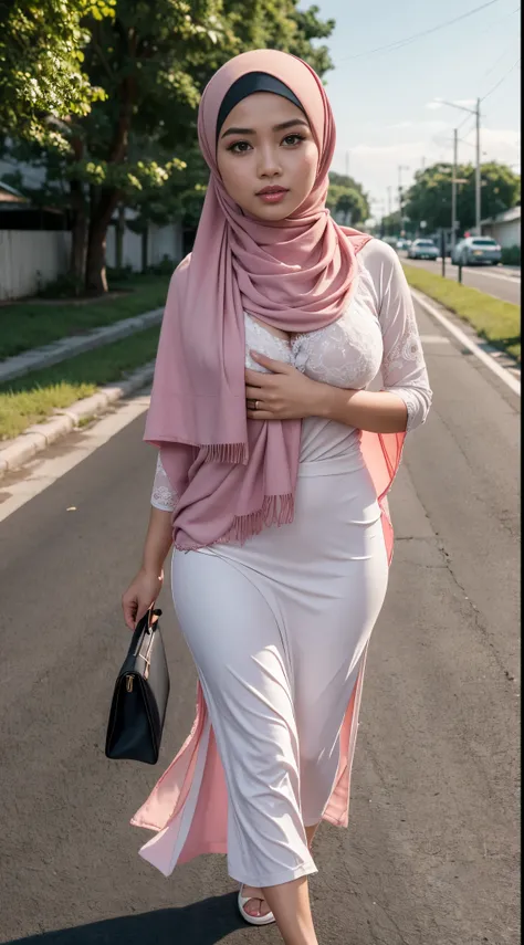 RAW, Best quality, high resolution, masterpiece: 1.3), Beautiful Malay woman in hijab (iu:0.8), Beautiful Malay women wear pastel color hijab, ((huge breast)), walking on a rural street in the morning, photo taken with Panavision DXL2, 28mm lens, close up ...