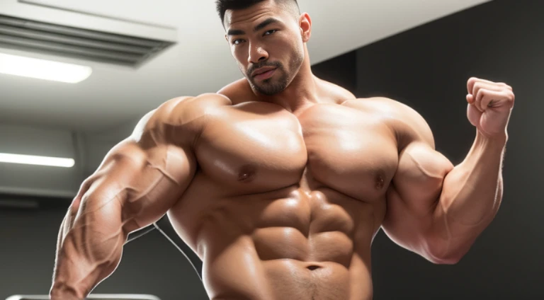 (Very detailed 8k wallpaper), Strong Asian Men, At the gym, high detailing, buzzcut, very large and strong body, bulging muscles, well-muscled, very large pectoral muscles. Very sexy abs, legs are muscular, Toned figure, lightens oily skin, muscular, Tank ...