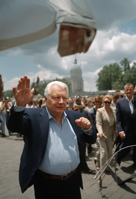 A photo of Yeltsin engaging in a passionate debate with a street performer,The Russian Federation,Yeltsin was of average height, standing at around 5 feet 8 inches (173 cm) tall. He had a sturdy and somewhat stocky build, with a noticeable roundness to his...