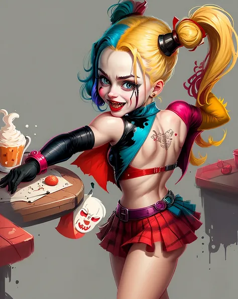 Create an adorable and deformed illustration of the villain Harley Quinn. In a cute, cartoonish style, depict Harley Quinn with a playful and charming design, showcasing her wicked charm in a delightful manner.