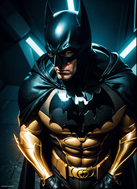 Batman in a gold and res suit, detailed, high resolution, 12k, shadows, neon lights, close up shot