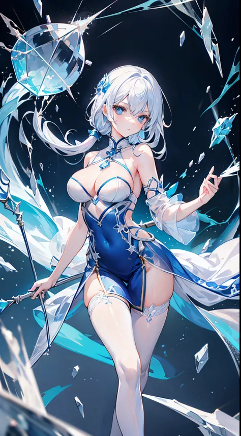 Extreme Ice，Broken ice，Stunning beautiful girl，Long blue-white hair，Staff，Shattered land，Slender and slender fair-skinned legs stockings are exposed，Sexy see-through stand-up collar buckle halterneck rose high slit cheongsam uniform teasing