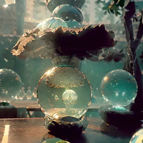 Ultra-realistic, 16K high resolution, (Max Sharp Focus: 1.3), (Max Close-up: 1.5), (Electric mushrooms trapped in a crystal ball with a pedestal on a table: 1.7), (Forest, green, woods: 1.5),