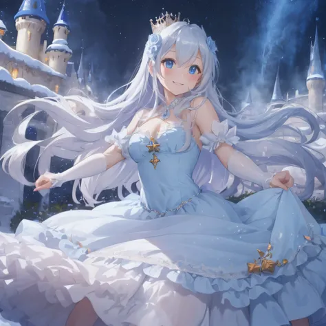 World of Fairyland,A world of dreams and wonder,A sky full of fantastic light,silver and blue mixed hair,Carriage made of pumpkin,snow-white, A shiny dress that shines in the moonlight.,A voluminous dress with lots of frills,Cinderella,Glass shoes,Rose flo...