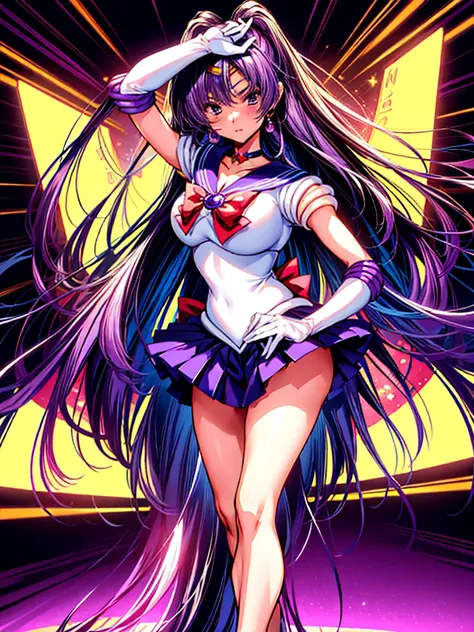 1girl in, ( (digital) ( ), medium breasts, (Sailor Moon Costumes)) , Best Quality, 、Hypnorola
Eyes in the sky、1girl in,Emotionless facial expressions,,(Very long straight hair:1.4)、Purple hair、Purple Absolute Short Mini Skirt、purple sailor collar、elbowglov...