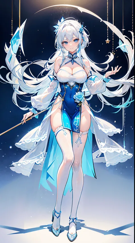 Extreme Ice，Crushed ice，A smiling beautiful girl，Long blue-white hair，Golden Hoop Stick，Broken land，Slender and slender fair-skinned leg stockings are exposed，Sexy sheer stand collar buckle（Halterneck rose cheongsam with high slit）Uniform teasing，Suspended...