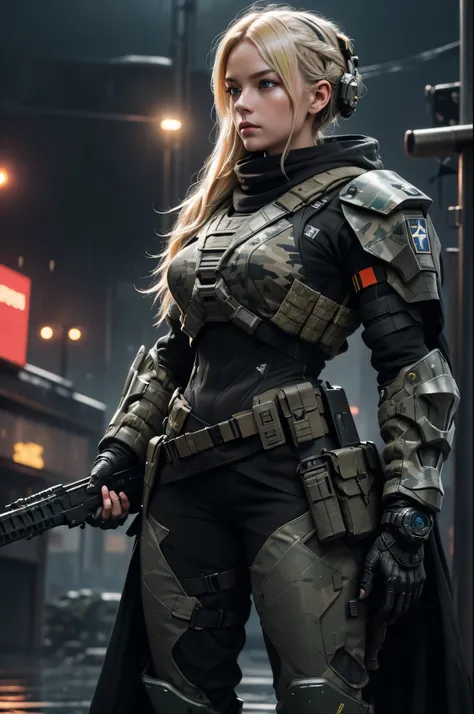 {{{{{masterpiece, best quality, official art, 8k, high resolution illustration}}}}}, Postapocalyptic combat scene, hyperrealistic, Runic tattoos, (((wearing full heavy black tactical armor, Neon highlights))) combat pose, (((Holding on to the side of a com...