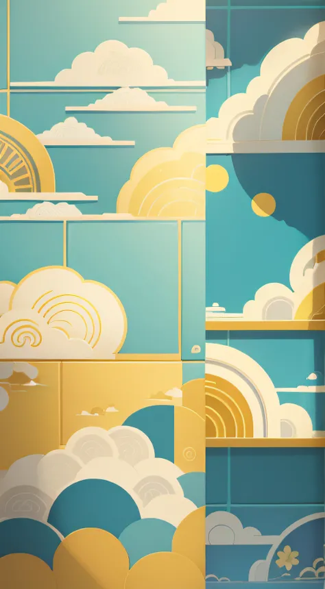 Auspicious clouds、loong pattern、glazed tiles、palace texture、small flower pattern、The shape of the definition、flat form style、Vector style、painterly style、Wallpaper style、bright yellow color。There are no shadows in the image。