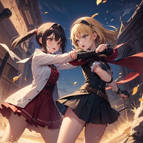 2girls.duel,fistfighting,fighting stance,masterpiece,high quality