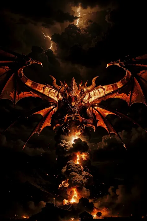 Produce a detailed representation of the dragon described in the biblical apocalypse prophecy, portraying him in an apocalyptic scenario engulfed in raging flames. Destaque sua pele escamosa, olhos penetrantes, and imposing wings as it rises amid the destr...