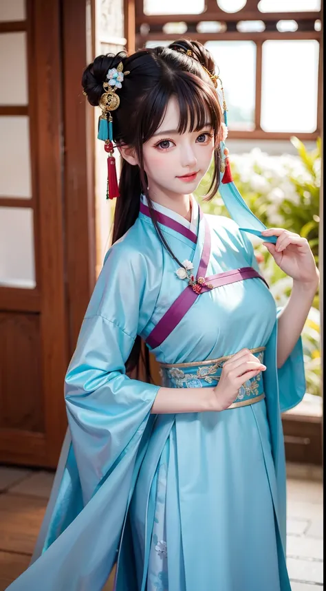 Han Chinese，Hanfu，Bun head，attractive cleavage，Feminine，Playful，Real Human