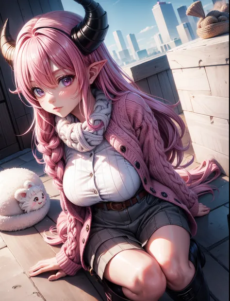 1girl, pink hair, trendy hairstyle, horns, hd quality, 4k, 8k, knitted cardigan, boots, fluffy hat, , kawaii, stepped on pov, below boot pov, huge breasts, cityscape, crouched, demoness