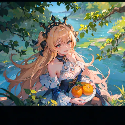 Style-SylvaMagic, award winning character concept art of a beautiful dryad sitting against a citrus tree, in a beautiful orange citrus grove, citrus fruit in trees, amazing body, smiling, happy, laughing, jubilant, light blue hair, golden horns, beautiful ...