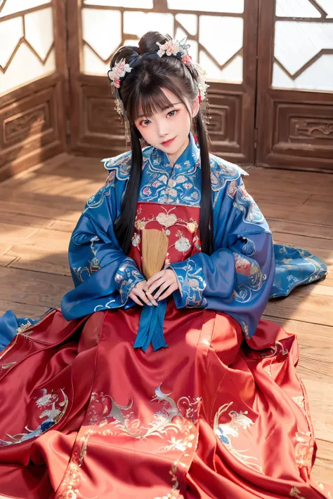 (8k, best quality, masterpiece:1.2), (realistic, photo-realistic),1girl, cute, ((crawl)), dating,(smile:1.15), (closed mouth) small breasts, beautiful detailed eyes,  (Hanfu, ming, ming Dynasty, ming clothing: 1.4),full body,