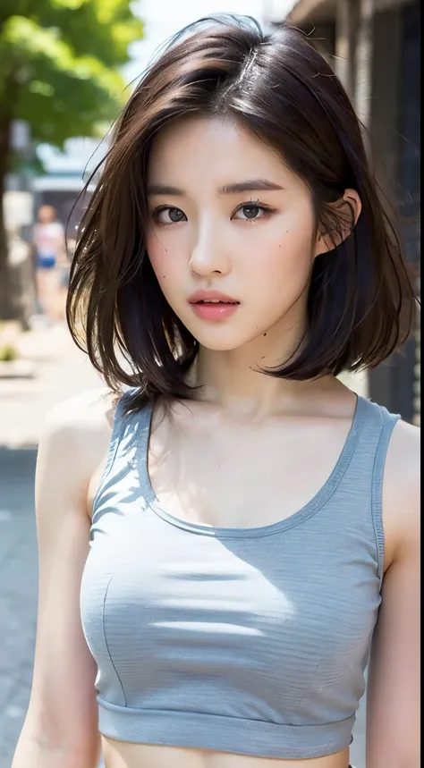 ((Best quality, 8k, Masterpiece :1.3)), Sharp focus: 1.2, Perfect Body Beauty: 1.4, Slim Abs: 1.2, ((Layered hairstyle: 1.2)), (Tank top shirt:1.1), (Street: 1.2), Highly detailed face and skin texture, Fine eyes, Double eyelids