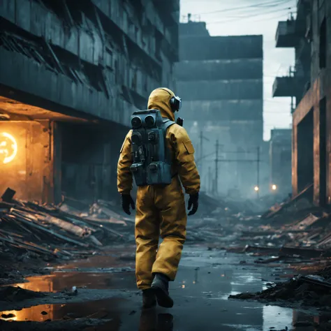 Generate a hyper-realistic image of a man walking alone on a deserted street in Chernobyl after the nuclear accident. The man should be seen from behind, wearing a complete radiation protection suit. The scene should be chaotic and inspired by the sci-fi s...