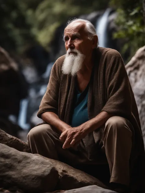 wise old man, sentado em uma pedra escrevendo em sua folha com uma cachoeira ao fundo