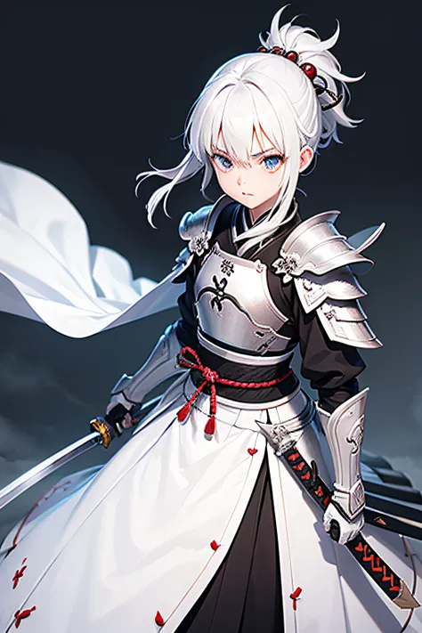 White armor　black long sword　samurais　femele　old fashioned background　Fine to the smallest detail