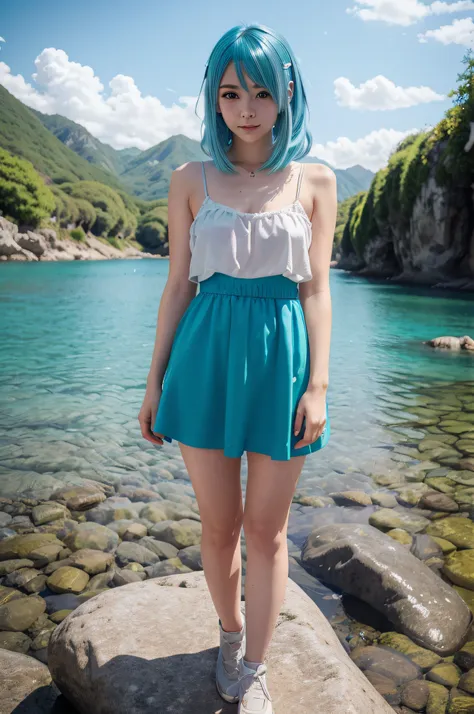 anime girl with blue hair standing on a rock by the water, anime girl with teal hair, anime style mixed with fujifilm, beautiful blue haired girl, anime style. 8k, anime styled digital art, anime artstyle, girl with blue hair, beautiful anime style, anime ...