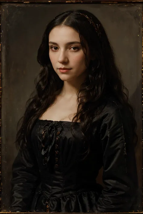 Portrait of a Vampire Woman, Long black curly hair, Dressed as an American colonizer 17th century, Very Young Woman, 17th oil painting