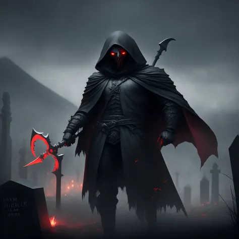 There is a man with red eyes standing in the cemetery, Dark clothed necromancer, Ghost Hooded Dark, Reaper as scary, Harbringer Death, Picture of a necromancer, Male necromancer, Necromancer, The grim reaper, Image of an ancient necromancer, Harvester from...