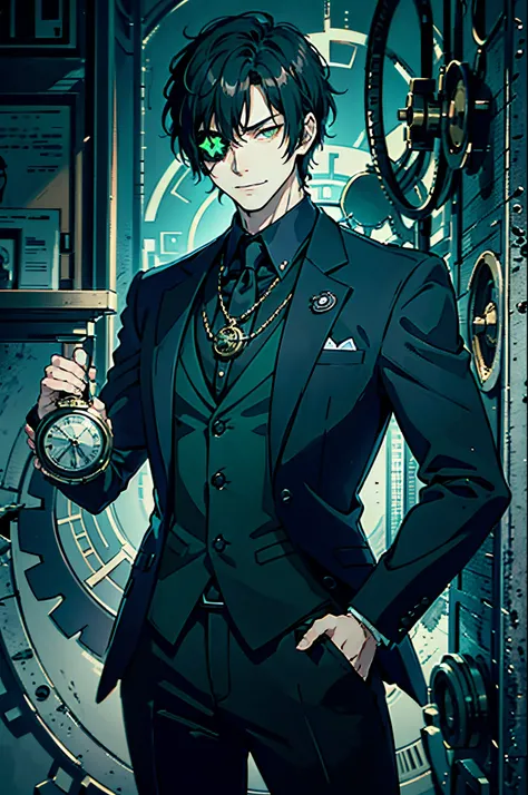 young man, dwarf, dark short hair, pointed facial features, one green eye, eyepatch, strict suit, evil smile, (((sinister aura))), gears on the background, holding a pocket watch in his hand