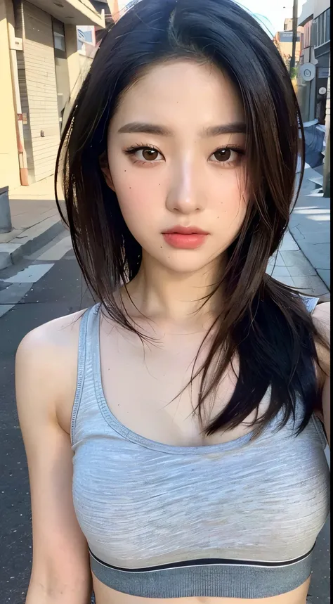 ((Best quality, 8k, Masterpiece :1.3)), Sharp focus: 1.2, Perfect Body Beauty: 1.4, Slim Abs: 1.2, ((Layered hairstyle: 1.2)), (Tank top shirt:1.1), (Street: 1.2), Highly detailed face and skin texture, Fine eyes, Double eyelids