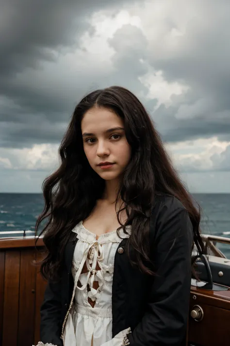 Portrait of a Vampire girl, Long black curly hair, Dressed as an American colonizer 17th century, 11 years old girl, 17th oil painting, 17th ship deck, sailboat, sea with cloudy sky, masterpiece