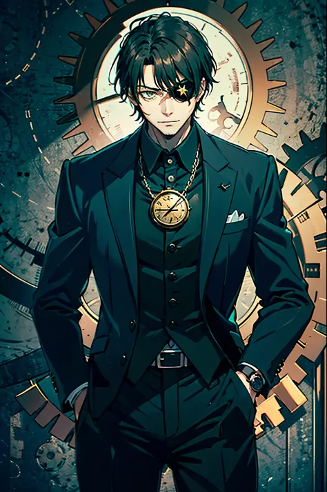 young man, dwarf, dark short hair, pointed facial features, one green eye, eyepatch, strict suit, evil smile, (((sinister aura))), gears on the background, holding a pocket watch in his hand