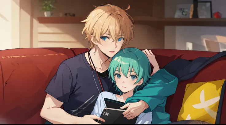 Two anime men sitting on a couch hugging while looking at tablet