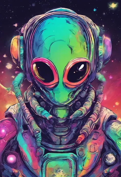 Create alien in space smoking joint, weed, drugs, colorful