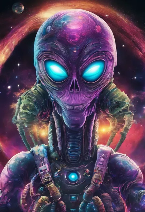 Create alien in space smoking joint, weed, drugs, colorful